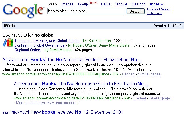 Una ricerca di libri su Google Print sul tema no global