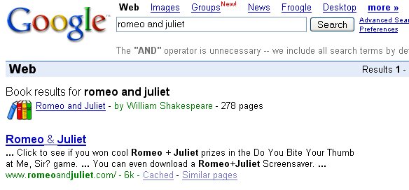 Una ricerca su Google Print della versione inglese di Romeo e Giulietta di Shakespeare