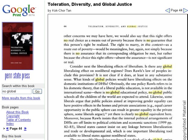 Visualizzazione da parte di Google Print della pagina del libro più congruente con la ricerca sull'argomento no-global
