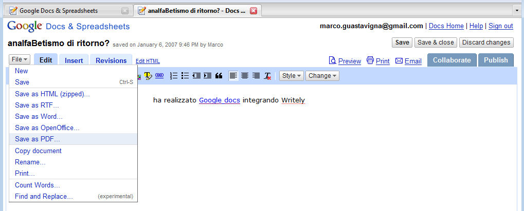 L'interfaccia di Google docs