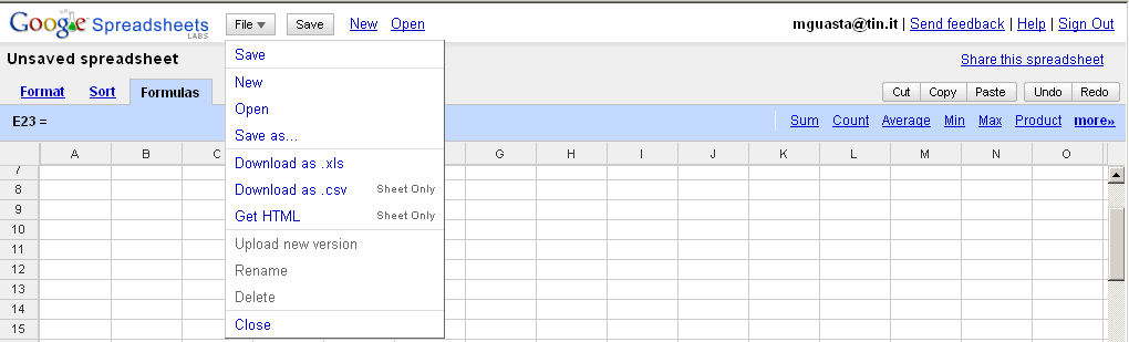 Interfaccia di Google spreadsheet
