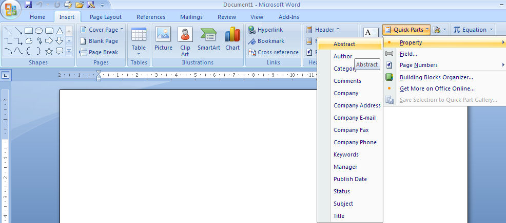 Il menu di opzioni della voce Property del pulsante Quick Parts del ribbon Insert di Microsoft Word 2007, beta 2